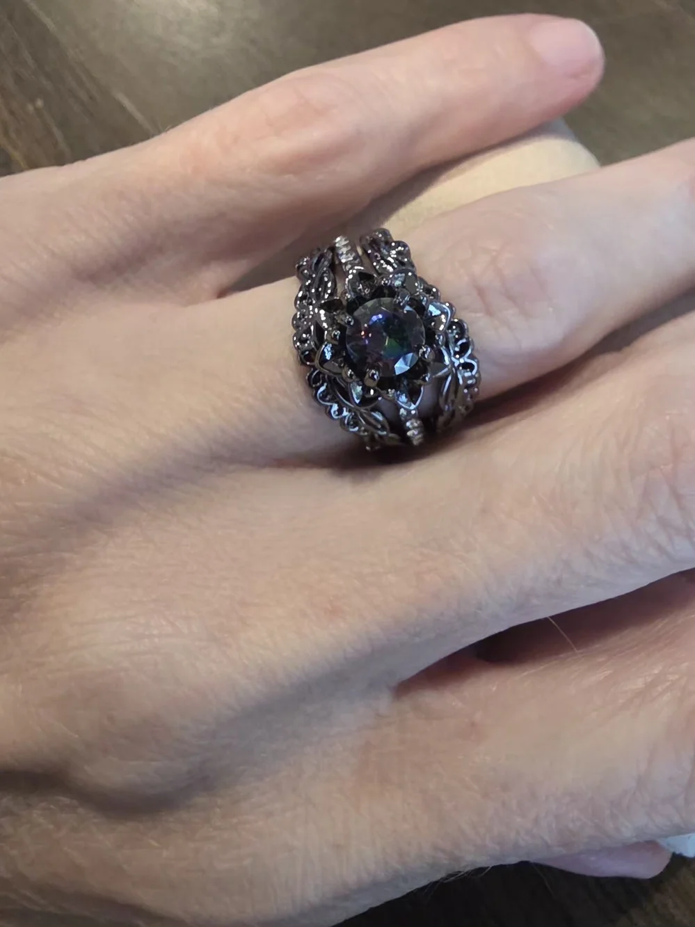 Black Filigree Ring with Multicolor Mystic Center - Women Jewelry